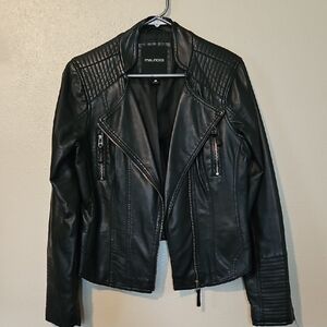 Maurices Black Leather Moto Jacket with Quilted Shoulders
